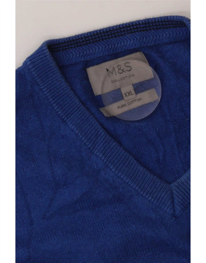 Marks & Spencer Mens V-Neck Jumper Sweater 2XL Blue Cotton