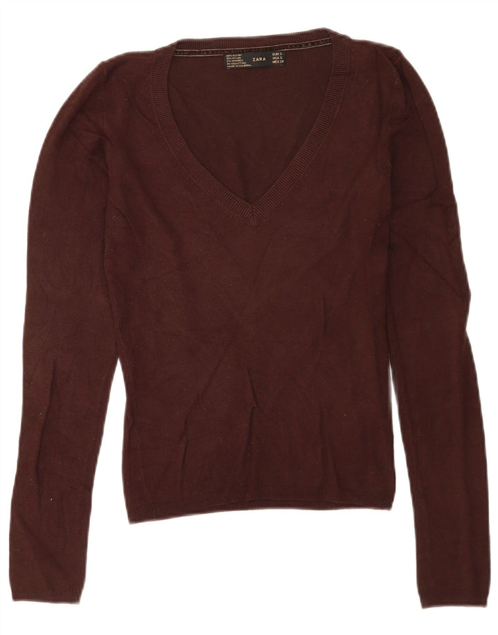 Zara Womens V-Neck Jumper Sweater UK 10 Small Brown Rayon