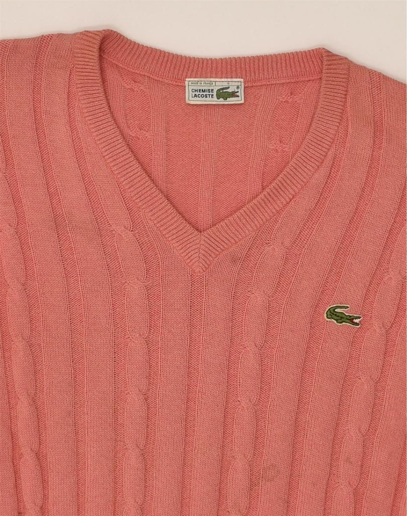 LACOSTE Mens V-Neck Jumper Sweater Size 4 Medium Pink Wool | Vintage Lacoste | Thrift | Second-Hand Lacoste | Used Clothing | Messina Hembry 