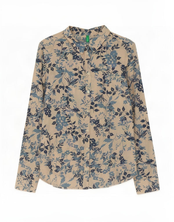 Benetton Womens Shirt UK 16 Large Blue Floral Cotton