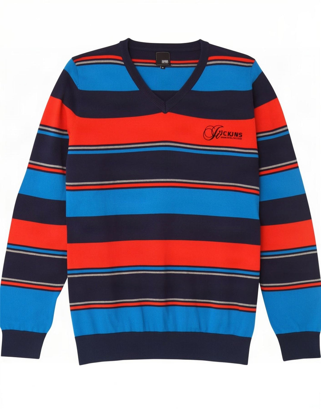 Jack & Jones Mens V-Neck Jumper Sweater Medium Multicoloured Striped Cotton