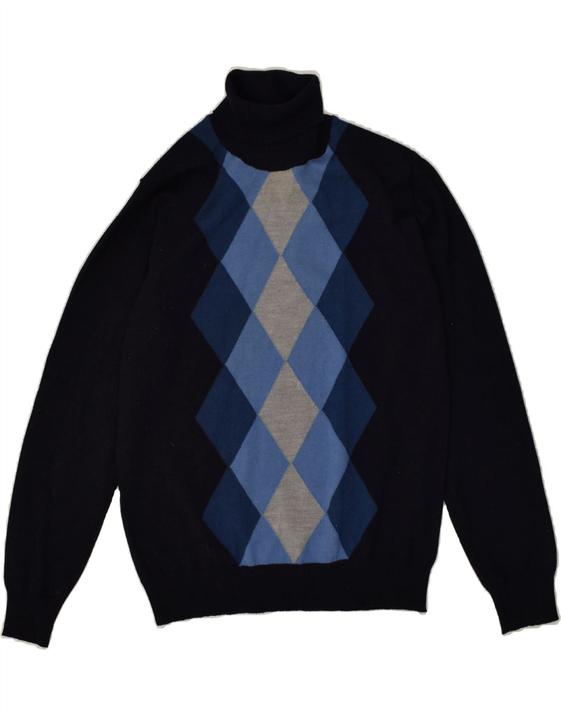 MALAGRIDA Mens Roll Neck Jumper Sweater Large Navy Blue Argyle/Diamond | Vintage Malagrida | Thrift | Second-Hand Malagrida | Used Clothing | Messina Hembry 