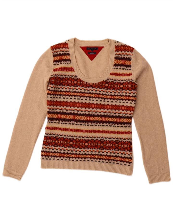 TOMMY HILFIGER Womens Boat Neck Jumper Sweater UK 10 Small Beige Fair Isle