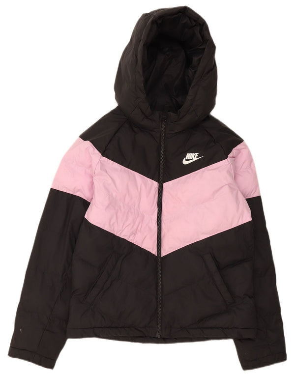 Nike Girls Hooded Padded Jacket 12-13 Years Large Black Colourblock
