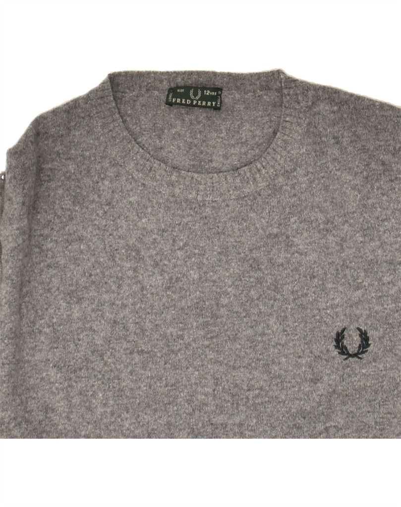 FRED PERRY Boys Crew Neck Jumper Sweater 11-12 Years Grey Wool | Vintage Fred Perry | Thrift | Second-Hand Fred Perry | Used Clothing | Messina Hembry 