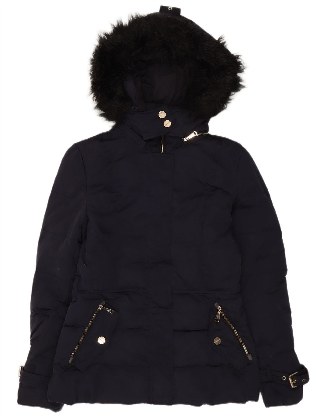 ZARA Womens Hooded Padded Jacket UK 10 Small Navy Blue Nylon