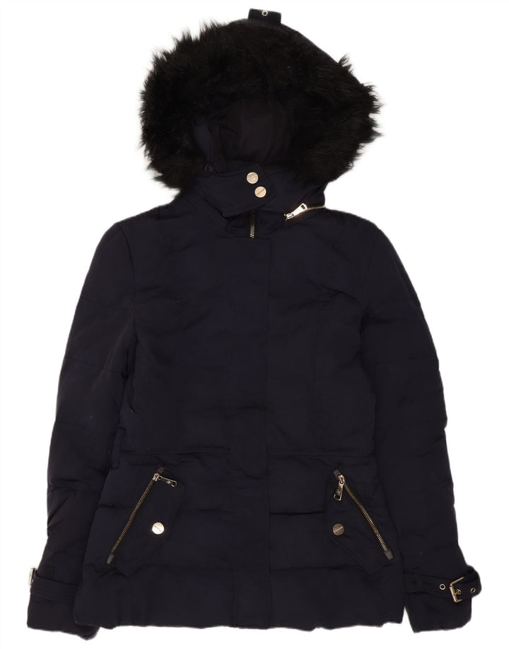 ZARA Womens Hooded Padded Jacket UK 10 Small Navy Blue Nylon