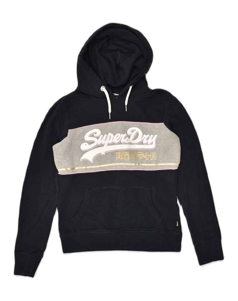 SUPERDRY Womens Graphic Hoodie Jumper UK 8 Small  Black Colourblock Cotton | Vintage Superdry | Thrift | Second-Hand Superdry | Used Clothing | Messina Hembry 