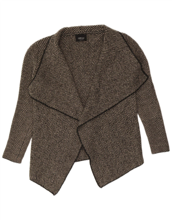 Zara Womens Asymmetric Open Cardigan Sweater UK 10 Small Grey Herringbone