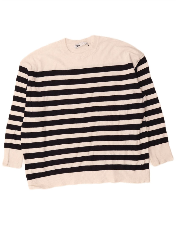 Zara Womens Oversized Crew Neck Jumper Sweater UK 14 Medium White Striped