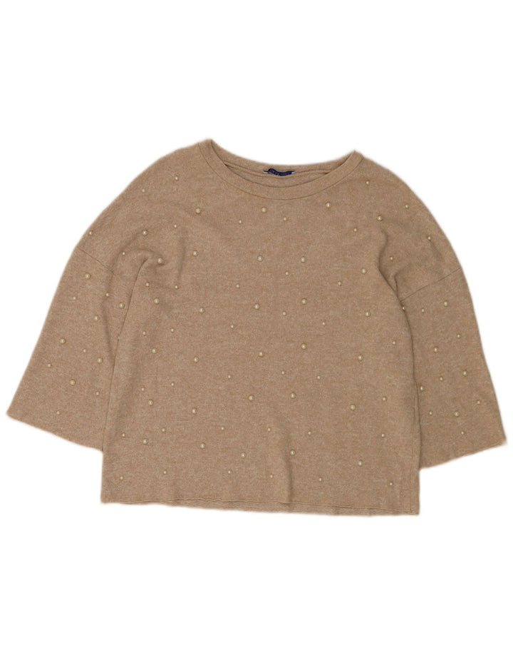 Zara Womens 3/4 Sleeve Blouse Top UK 10 Small Beige Spotted