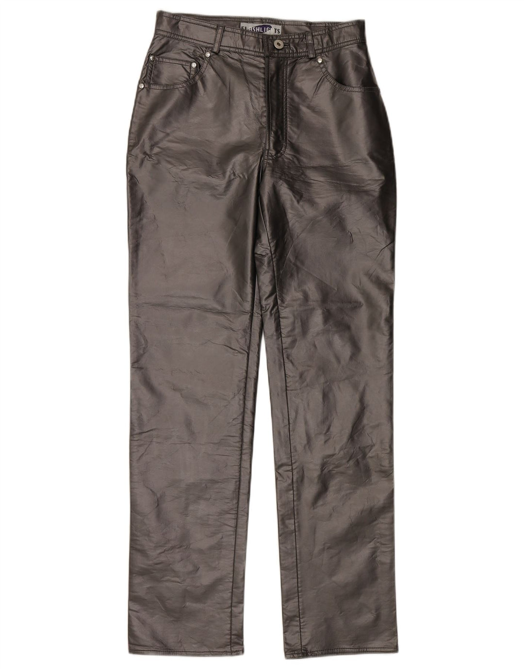 Flash Lights Mens Straight Faux Leather Trousers W30 L30 Grey Polyethylene