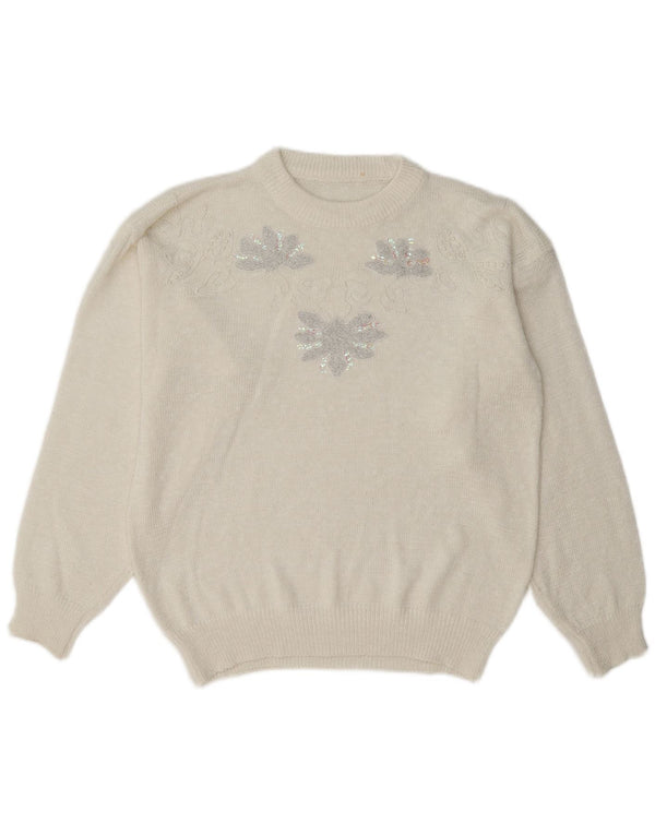 Vintage Womens Graphic Crew Neck Jumper Sweater UK 14 Large White Floral