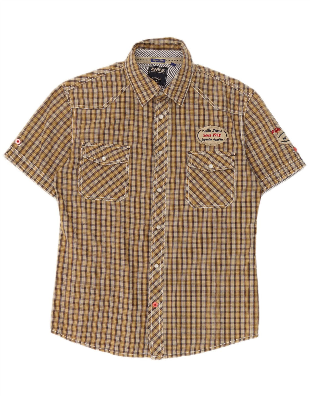Rifle Mens Graphic Short Sleeve Shirt Medium Yellow Check Cotton