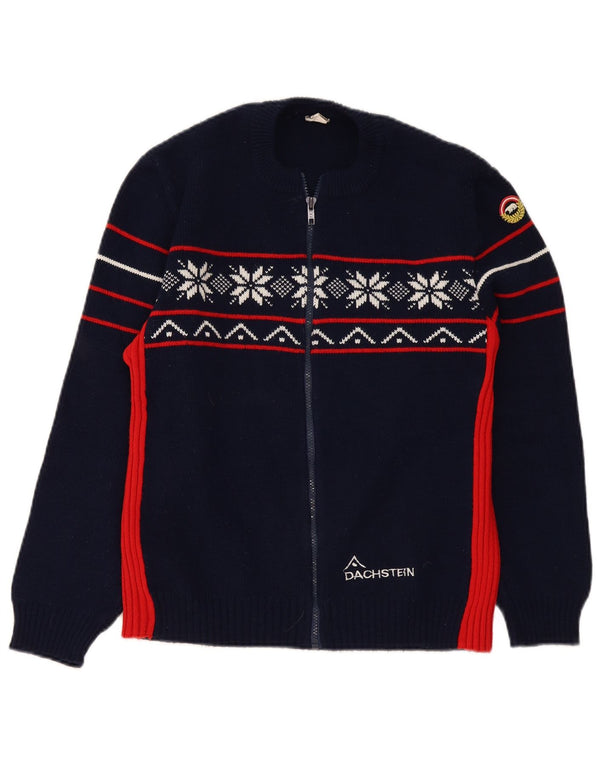 Vintage Mens Cardigan Sweater Medium Navy Blue Fair Isle Polyacrylic