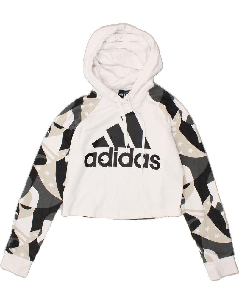 ADIDAS Womens Graphic Hoodie Jumper UK 8/10 Small White Cotton | Vintage Adidas | Thrift | Second-Hand Adidas | Used Clothing | Messina Hembry 