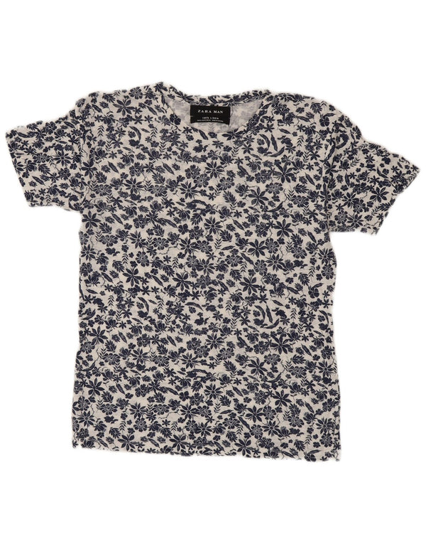 Zara Mens T-Shirt Top Medium White Floral Linen