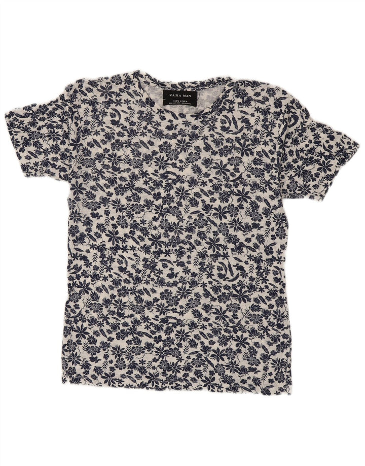 Zara Mens T-Shirt Top Medium White Floral Linen
