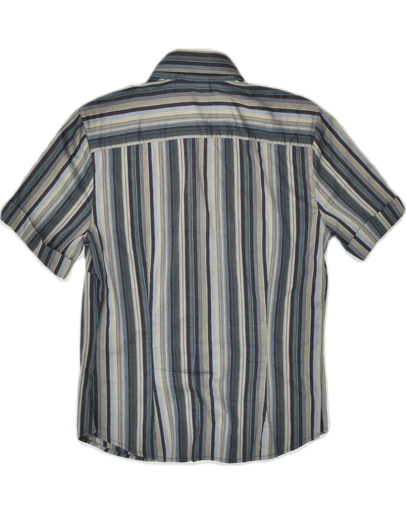 TRUSSARDI Womens Short Sleeve Shirt UK 12 Medium Grey Striped Cotton | Vintage Trussardi | Thrift | Second-Hand Trussardi | Used Clothing | Messina Hembry 