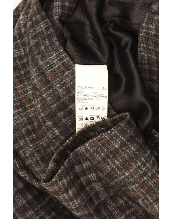 Benetton Womens Hooded Duffle Jacket IT 42 Medium Grey Check Acrylic