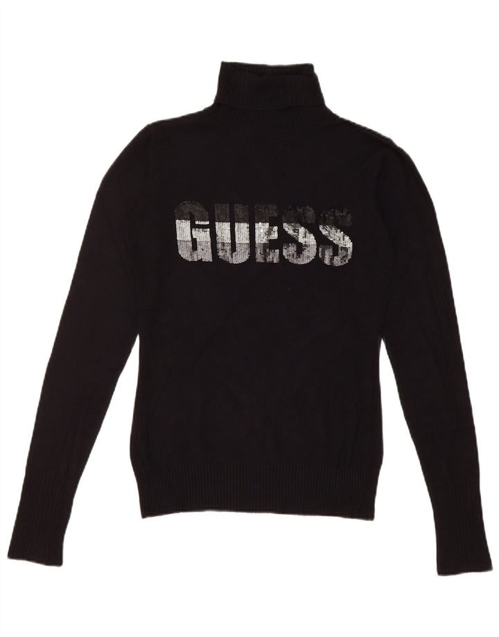 Guess Womens Graphic Roll Neck Jumper Sweater UK 8 Small Black
