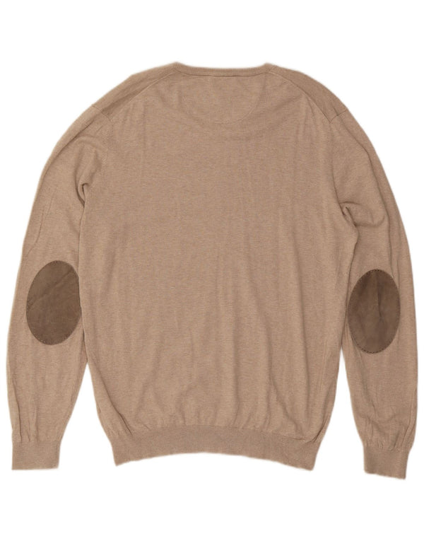 Massimo Dutti Mens V-Neck Jumper Sweater Large Beige Cotton