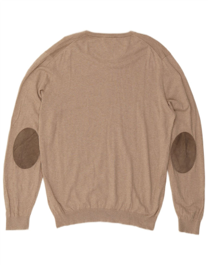 Massimo Dutti Mens V-Neck Jumper Sweater Large Beige Cotton
