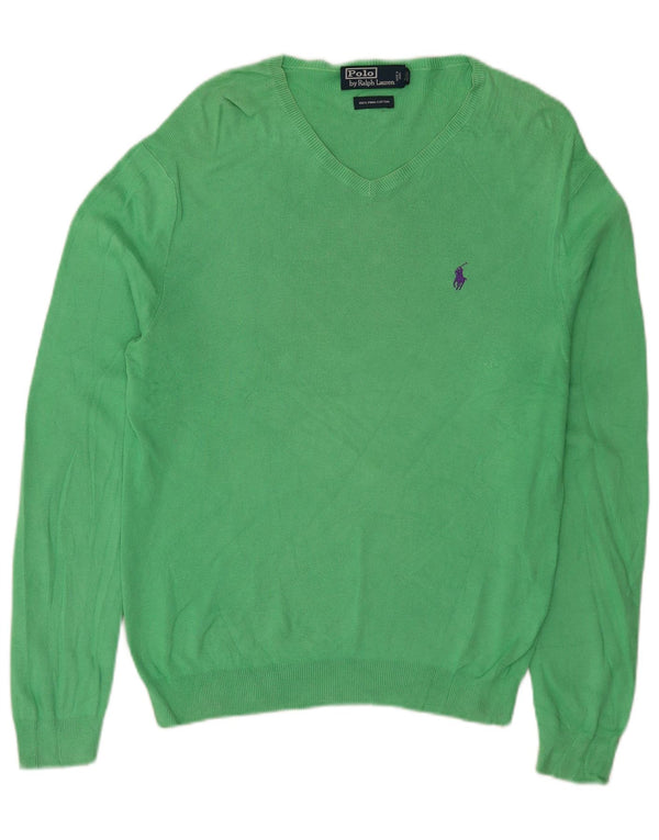 Polo Ralph Lauren Mens V-Neck Jumper Sweater Medium Green Cotton