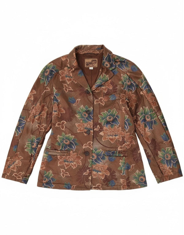 Vintage Womens 4 Button Blazer Jacket UK 14 Medium Brown Floral