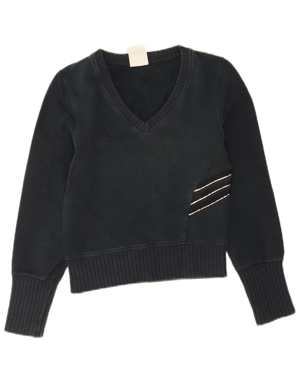 Adidas Womens Crop V-Neck Jumper Sweater UK 12 Medium Navy Blue Cotton