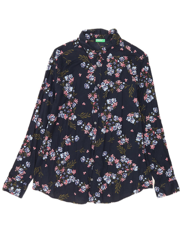 Benetton Womens Shirt UK 14 Medium Navy Blue Floral Cotton