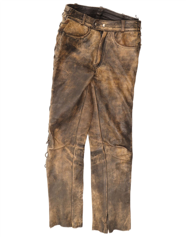 Vintage Mens Straight Leather Trousers W30 L30 Khaki