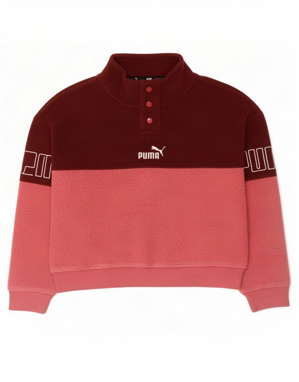 Puma Girls Graphic Button Neck Fleece Jumper 11-12 Years Pink Colourblock