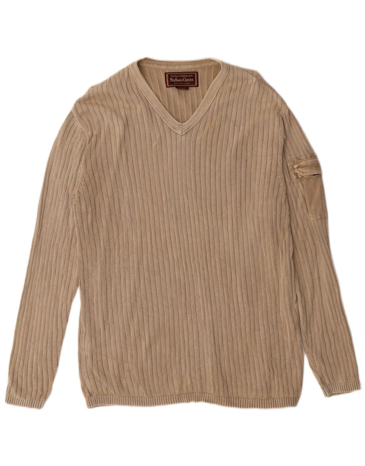 Marlboro Classics Mens V-Neck Jumper Sweater Large Beige Cotton Classic