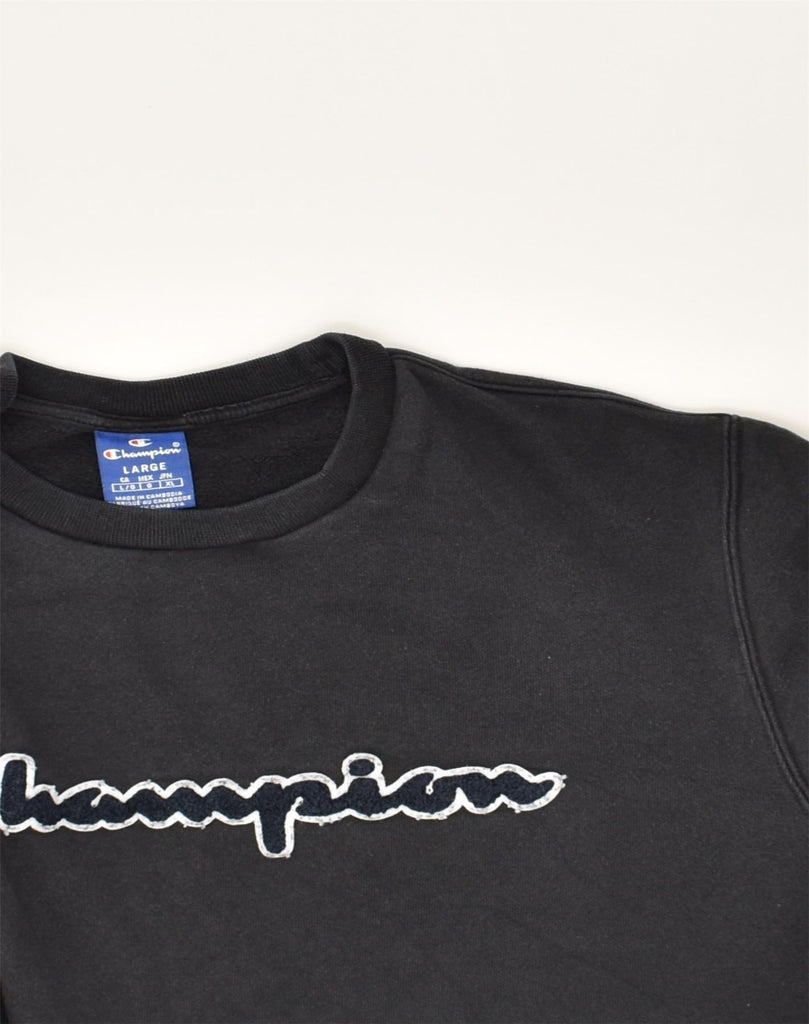 CHAMPION Mens Graphic Sweatshirt Jumper Large Black Cotton | Vintage Champion | Thrift | Second-Hand Champion | Used Clothing | Messina Hembry 