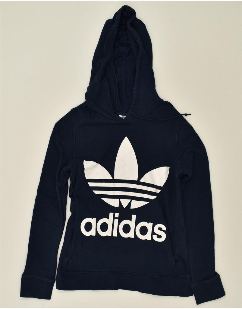 ADIDAS Womens Graphic Hoodie Jumper UK 6 XS Navy Blue Cotton | Vintage Adidas | Thrift | Second-Hand Adidas | Used Clothing | Messina Hembry 