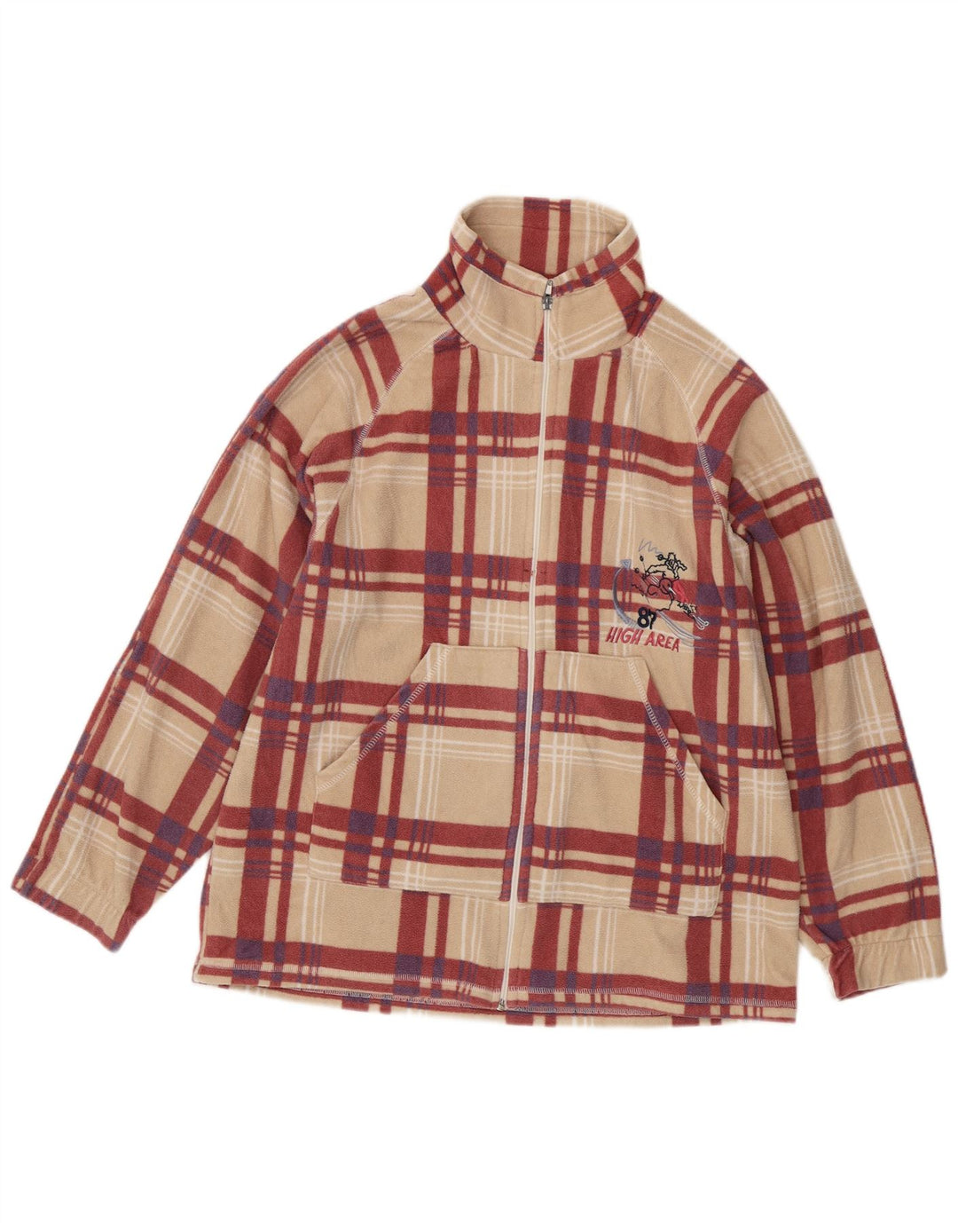 Vintage Womens Graphic Fleece Jacket UK 18 XL Beige Plaid Polyester