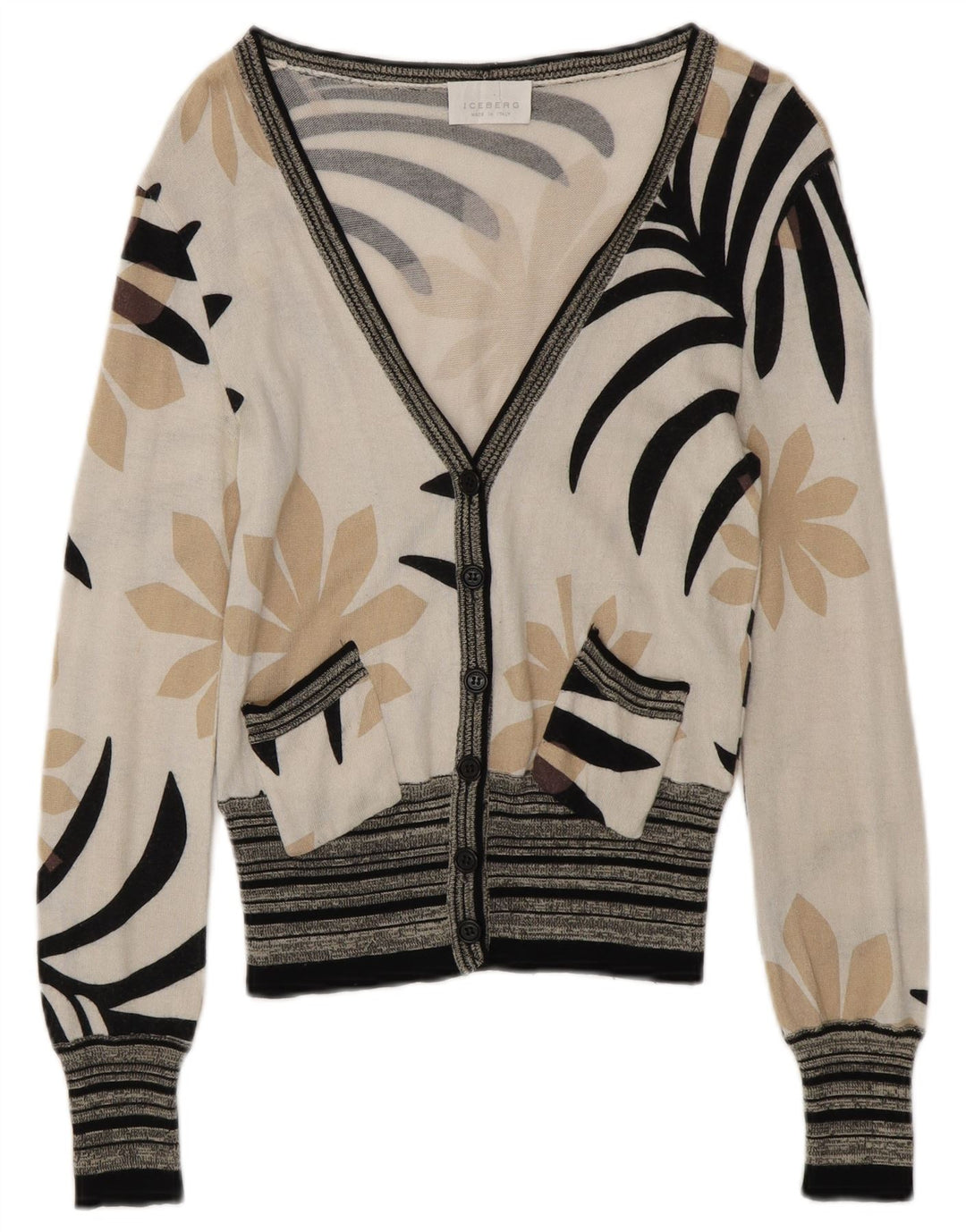 ICEBERG Womens Cardigan Sweater UK 6 XS Off White Floral Cotton