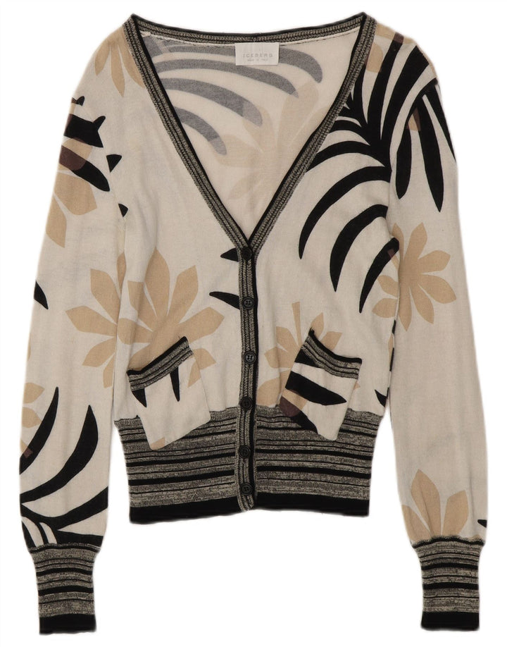 ICEBERG Womens Cardigan Sweater UK 6 XS Off White Floral Cotton