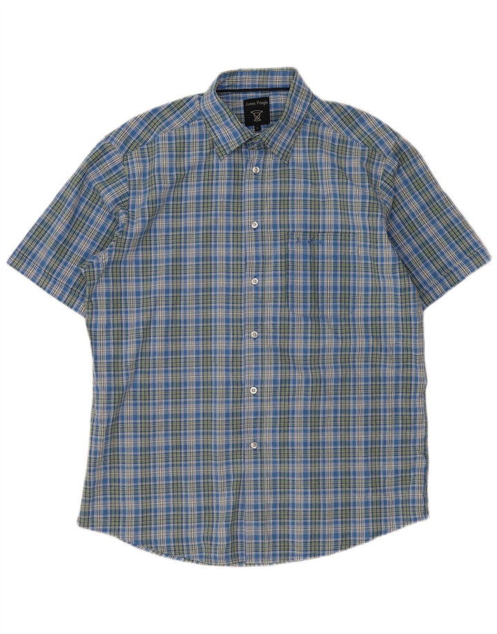 James Pringle Mens Short Sleeve Shirt Large Blue Check Polyester