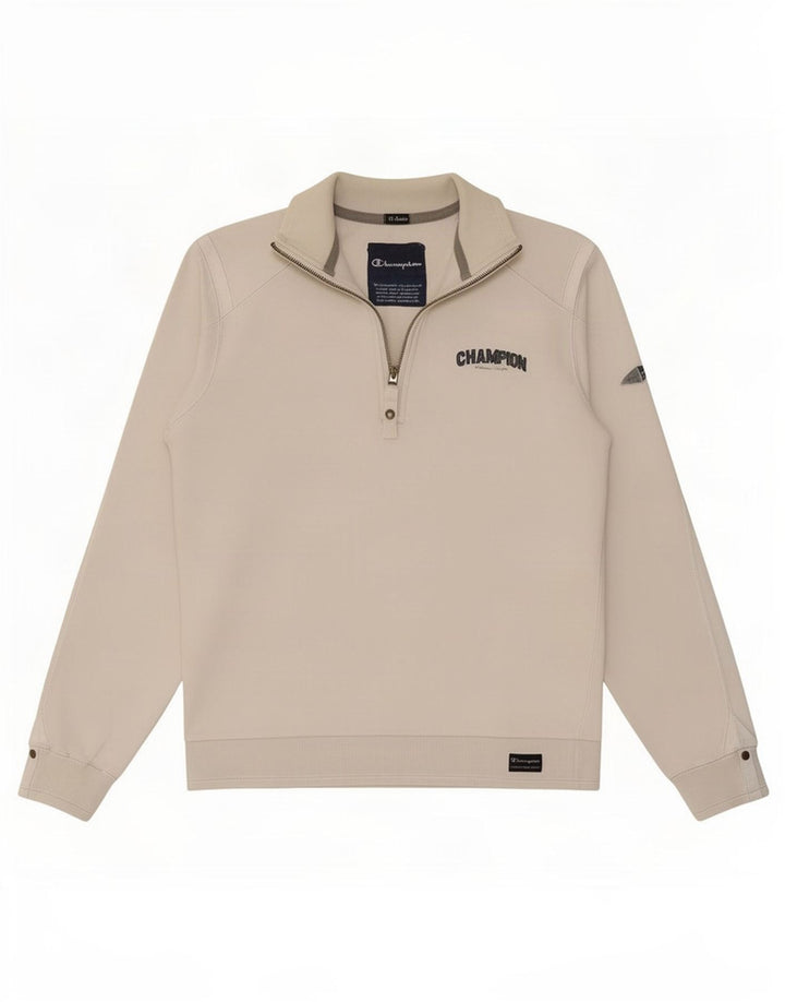 Champion Mens Zip Neck Sweatshirt Jumper Medium White Cotton
