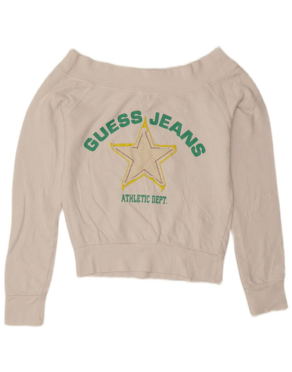 Guess Womens Crop Graphic Sweatshirt Jumper UK 14 Medium White Cotton