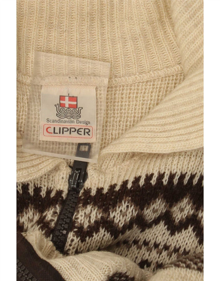 Clipper Mens Cardigan Sweater IT 54 XL Off White Fair Isle Wool