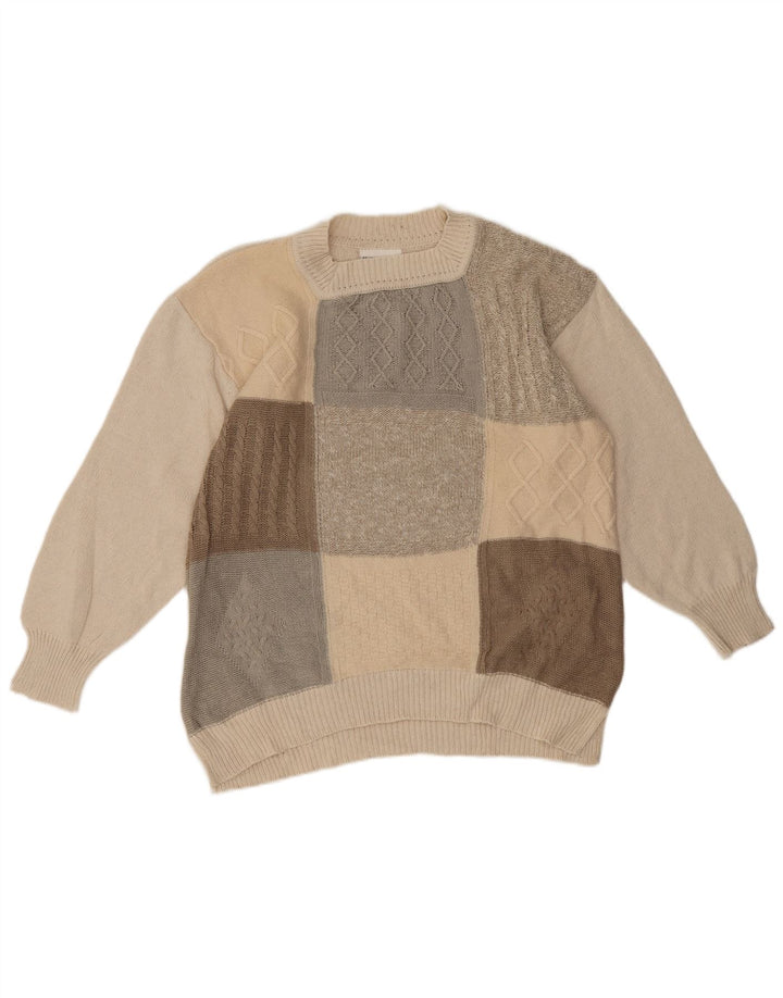 Vintage Womens Crew Neck Jumper Sweater EU 42 Large Beige Patchwork