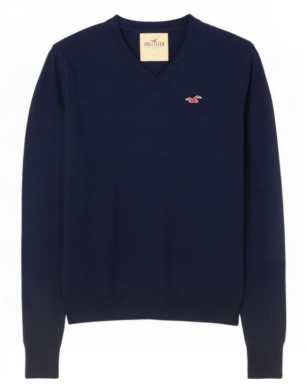 Hollister Mens V-Neck Jumper Sweater Large Navy Blue Cotton