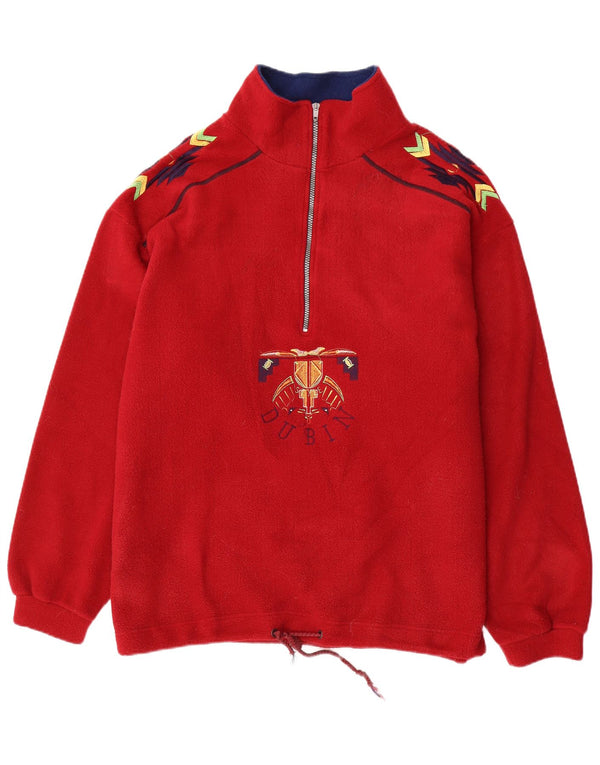 DUBIN Mens Loose Fit Graphic Zip Neck Fleece Jumper Large Red Polyester