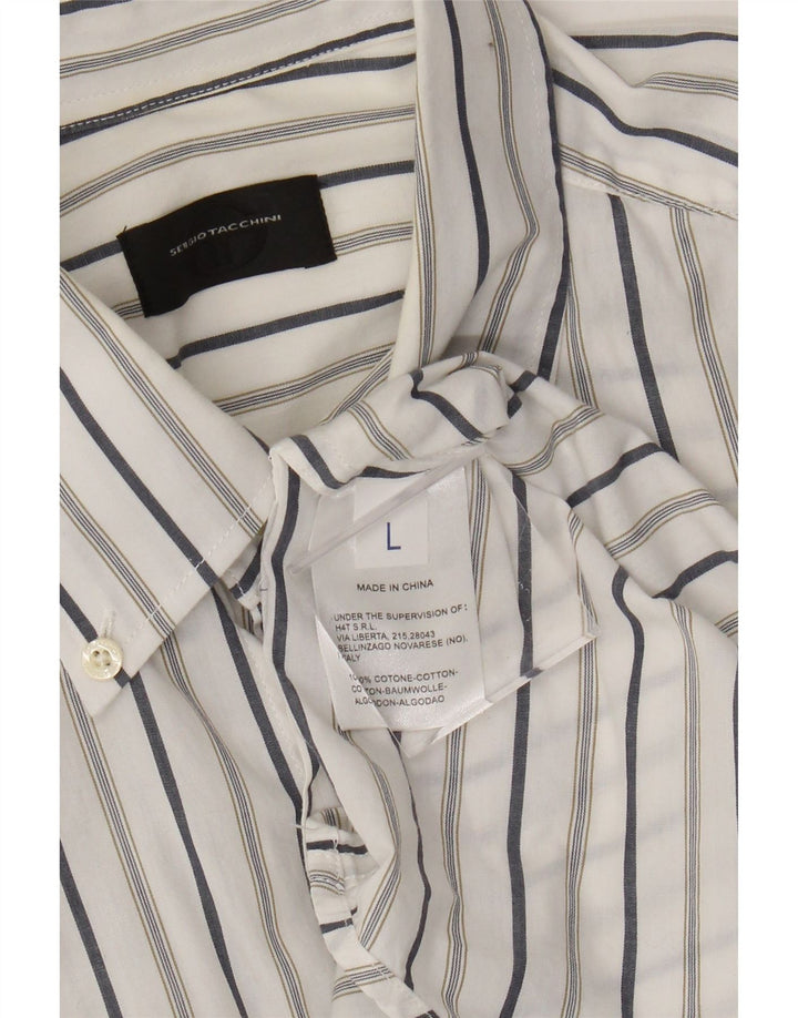 Sergio Tacchini Mens Shirt Large White Striped Cotton