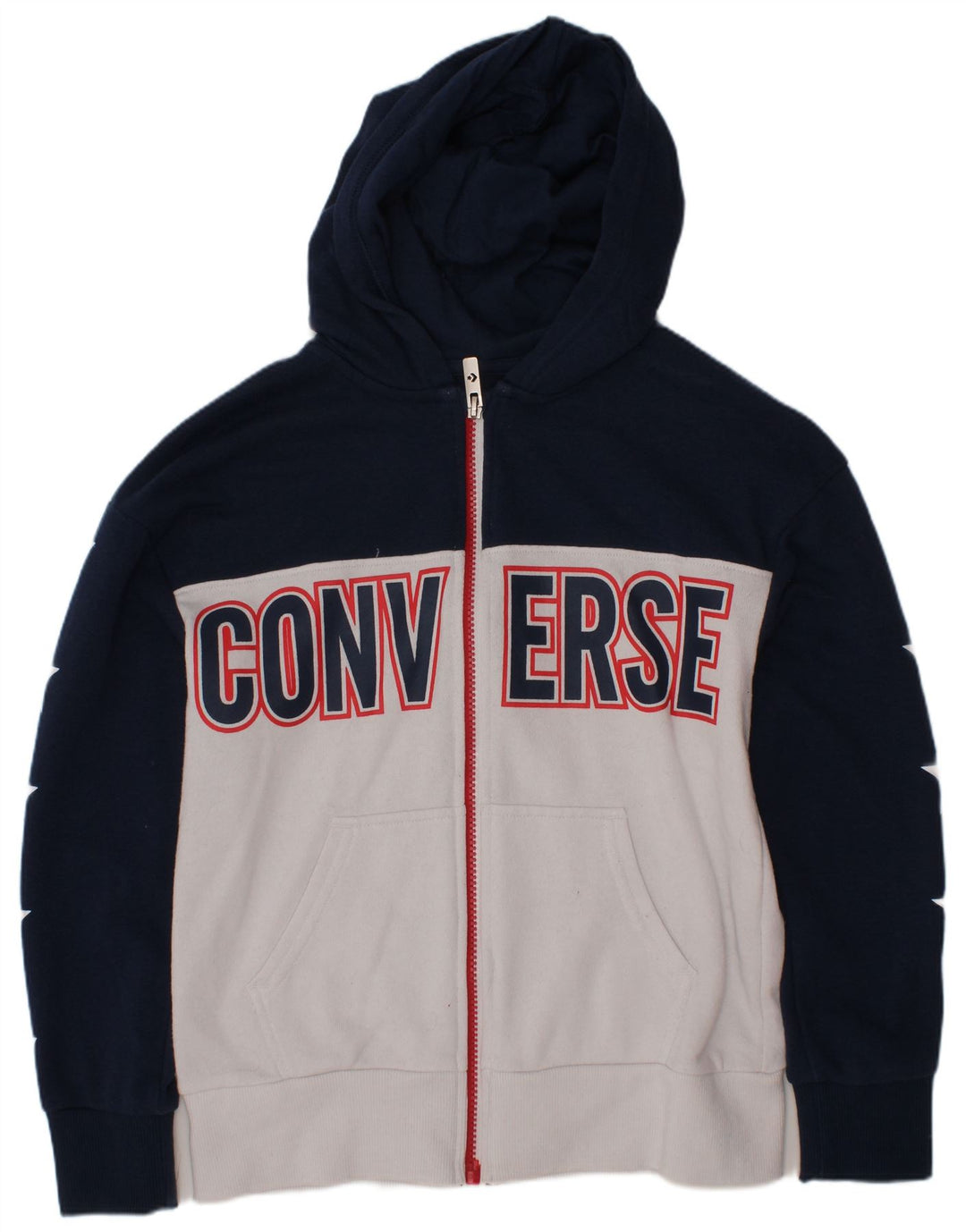 CONVERSE Boys Zip Hoodie Sweater 8-9 Years Small Navy Blue Colourblock