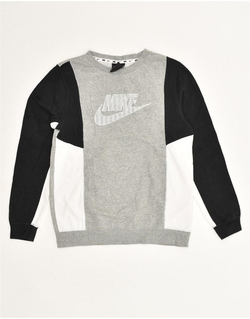 NIKE Boys Graphic Sweatshirt Jumper 12-13 Years Large Grey Colourblock | Vintage Nike | Thrift | Second-Hand Nike | Used Clothing | Messina Hembry 