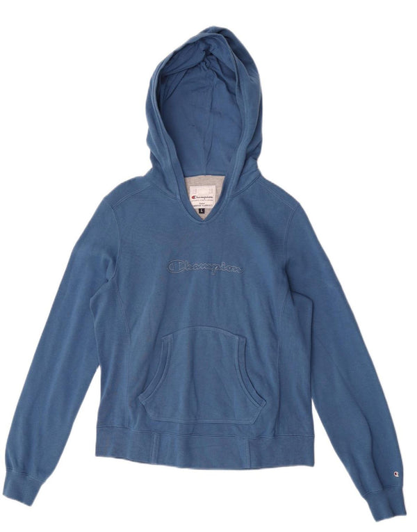 Champion Womens Graphic Hoodie Jumper UK 14 Large Blue Cotton